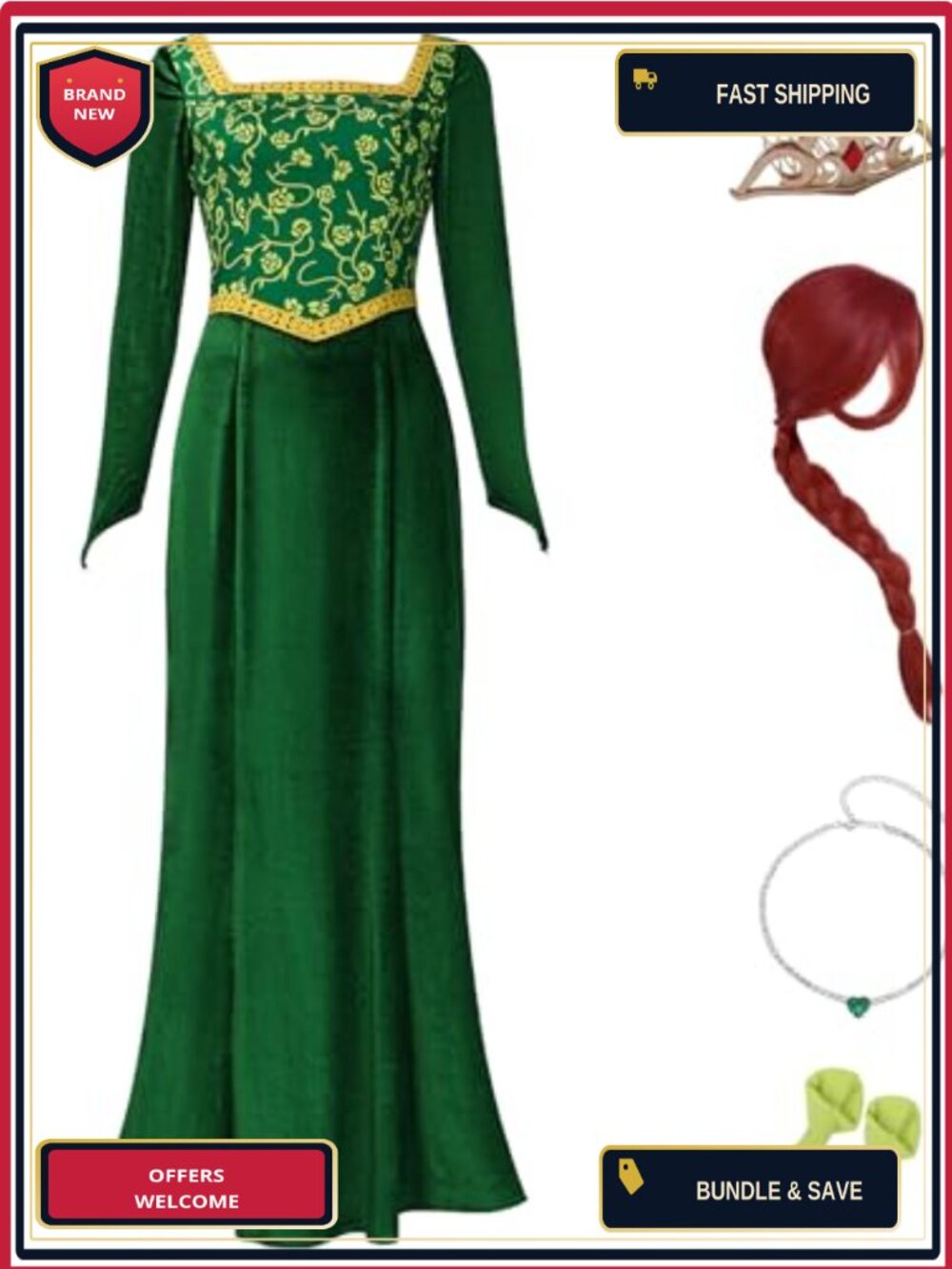 Women's Princess Fiona Costume Dress Velvet Long Sleeve Medieval Gown Cosplay